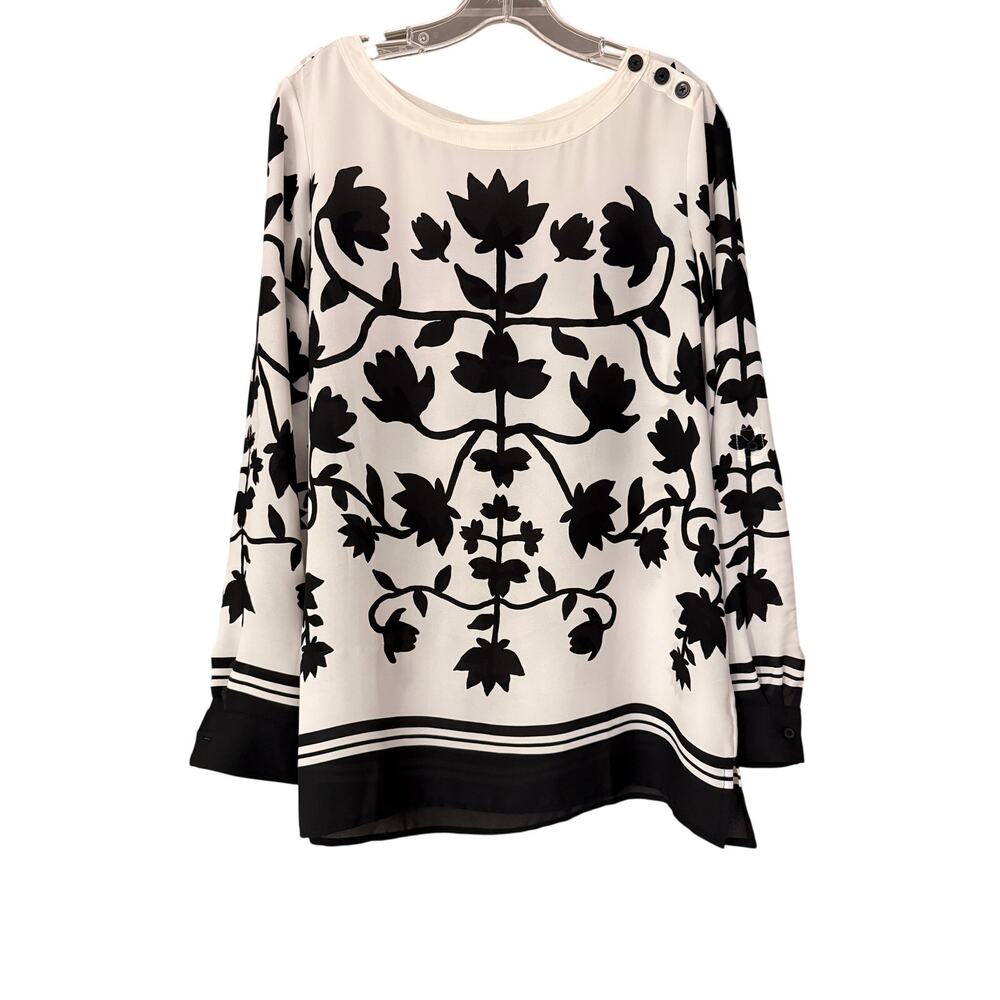 LOFT Black White Floral Border Print Tunic Top Long Sleeve Blouse Medium